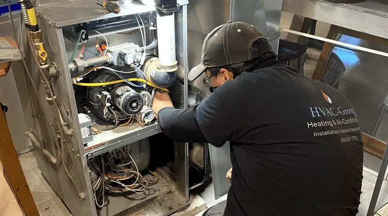 HVAC Group technician performing professional furnace repair and maintenance, inspecting internal components to restore safe and efficient home heating