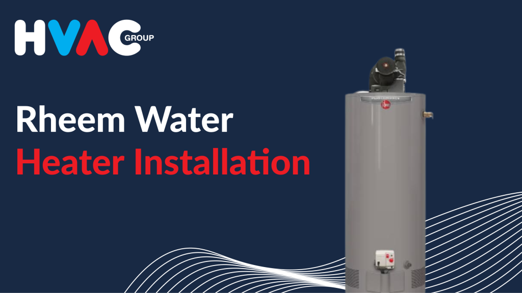 Rheem tank water heater displayed for professional installation services by HVAC Group, providing reliable water heater solutions for residential homes