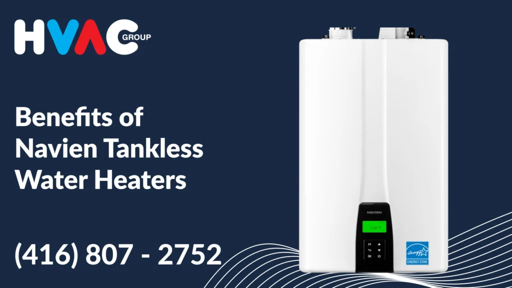 Navien tankless water heater showcasing energy-efficient design, on-demand hot water performance, and compact wall-mounted installation