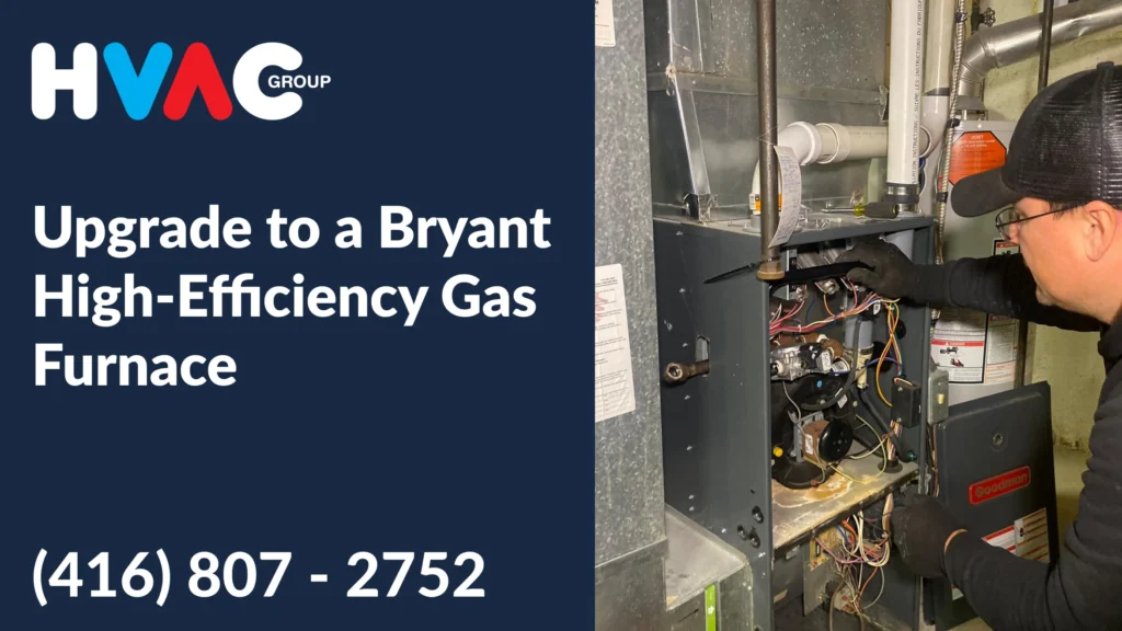 HVAC technician upgrading to a Bryant high-efficiency gas furnace, inspecting wiring and components to improve home heating performance and energy efficiency
