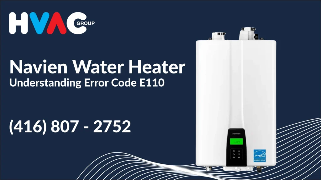 Navien tankless water heater displaying error code E110, commonly related to exhaust or air intake issues requiring professional HVAC service
