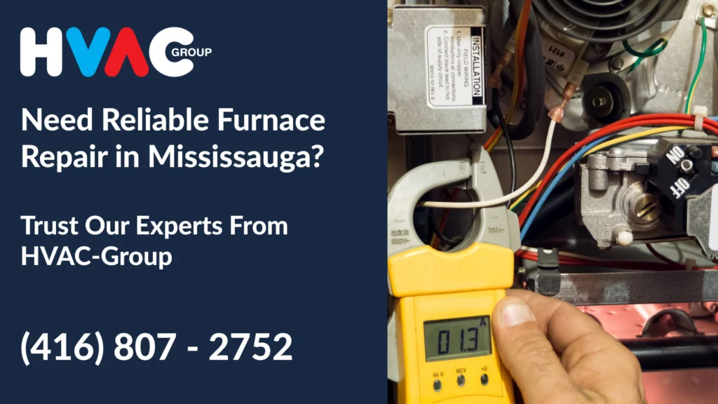 Technician testing furnace electrical components with a clamp meter during professional furnace repair service in Mississauga home