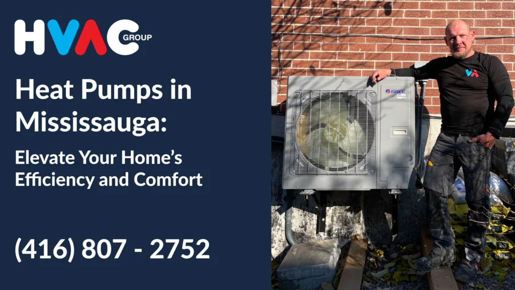 HVAC technician standing beside newly installed Gree heat pump in Mississauga, showcasing energy-efficient home heating and cooling system
