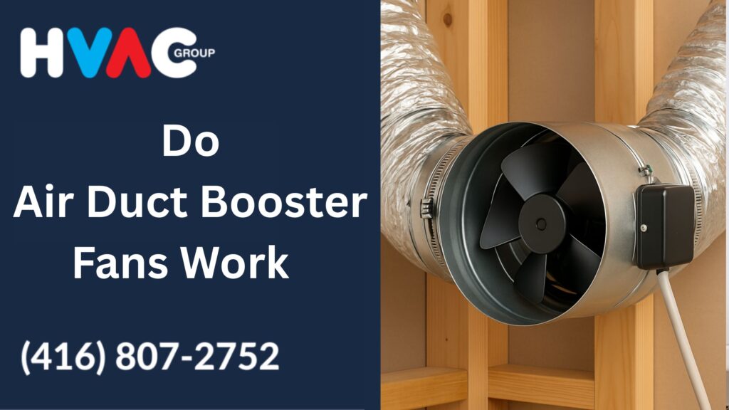 Close-up of an installed air duct booster fan in a home ventilation system, illustrating airflow improvement and energy efficiency for the keyword do air duct booster fans work.