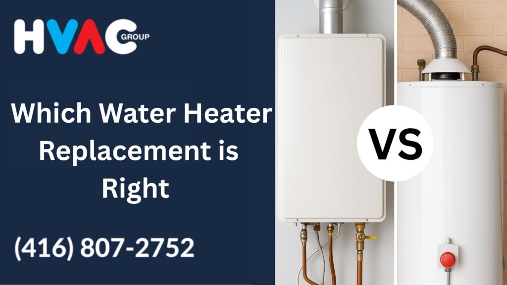 Comparison of tankless and traditional water heater replacement options for Mississauga homes, highlighting energy efficiency and installation choices.