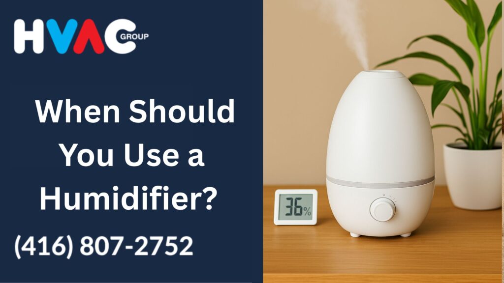 White cool mist humidifier on a wooden table with digital humidity monitor showing 36% in Mississauga home, illustrating when should you use a humidifier for better air quality and comfort.