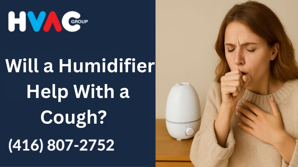 Woman coughing beside a home humidifier for dry air relief in Mississauga, illustrating will a humidifier help with a cough.