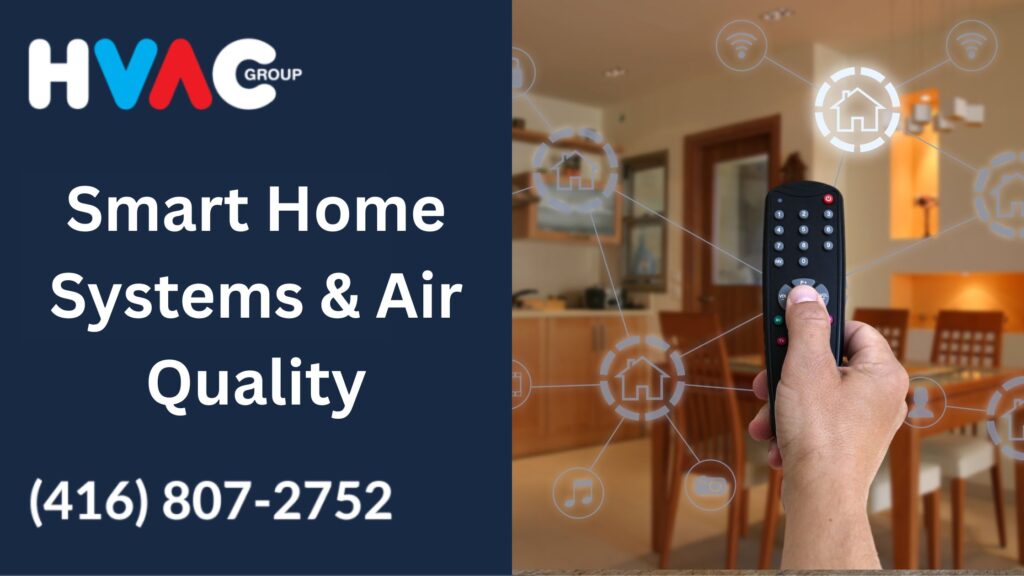 A person using a smart remote to control connected home devices with digital icons overlaid in a modern living room, illustrating "Can Smart Home Systems Improve Air Quality" in Ontario homes.