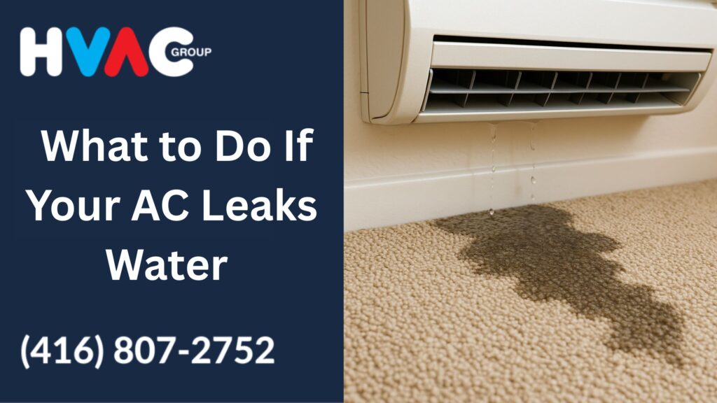 AC leaks water onto carpet near wall-mounted unit, showing signs of water damage inside a Mississauga home, HVAC Group emergency repair needed.