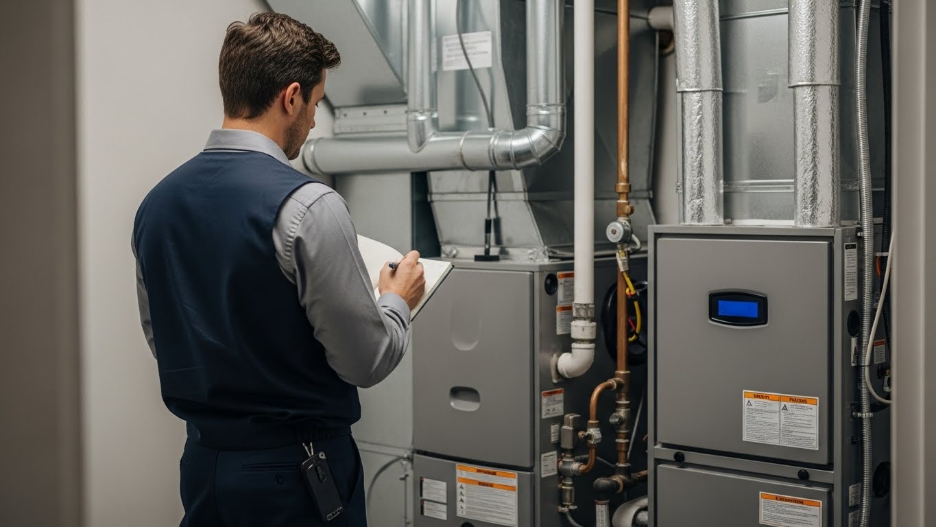 Professional HVAC technician inspecting a residential furnace while taking notes, standing in a clean utility room during a routine heating system check