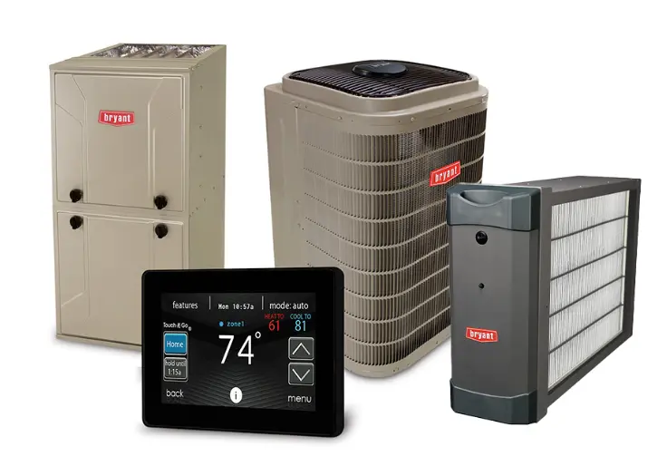 Bryant complete HVAC system with furnace, AC condenser, smart thermostat, and air purifier in Mississauga