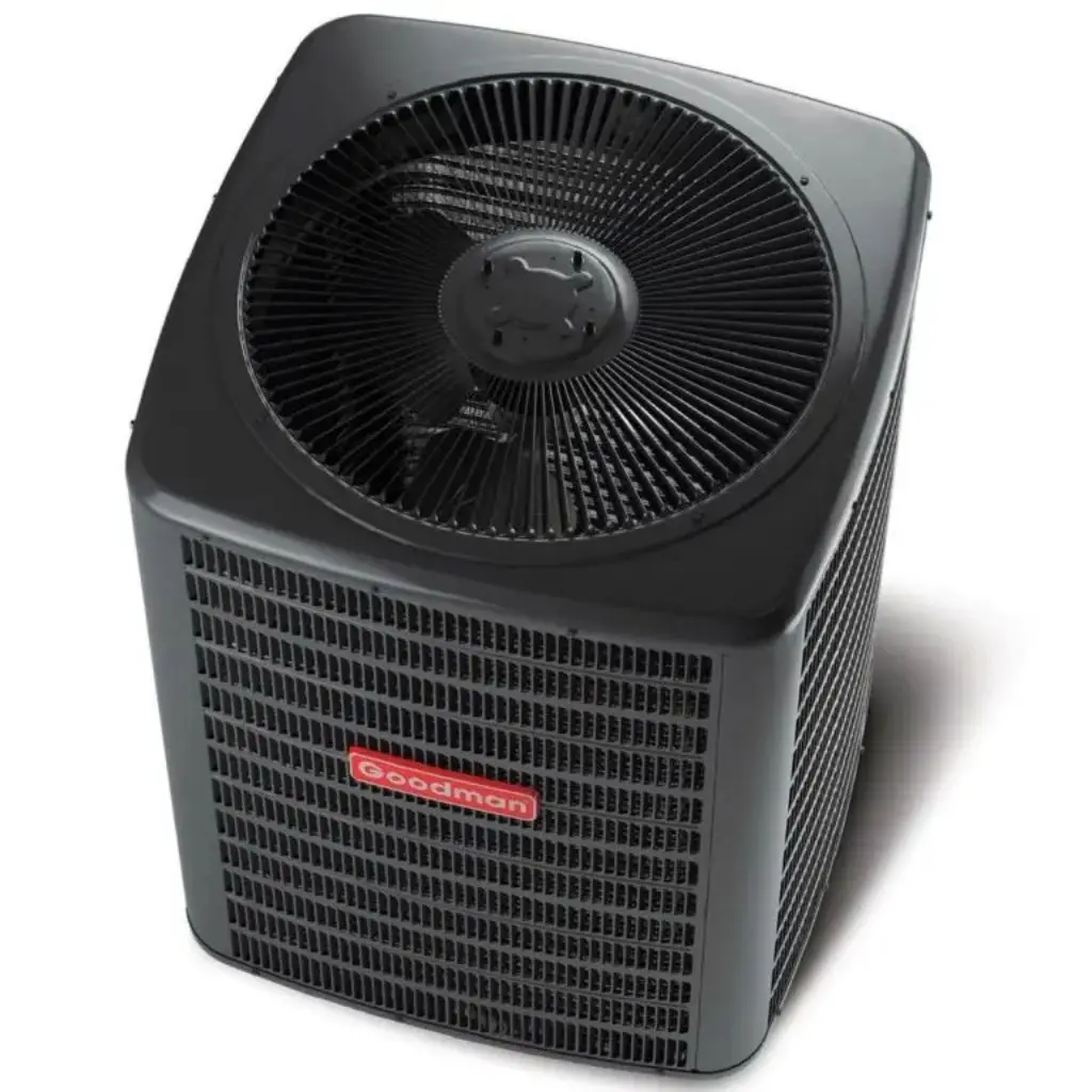 High-angle view of a black Goodman GSX13 central air conditioning unit with top-mounted fan