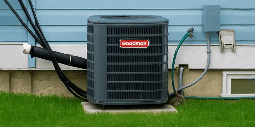 Goodman outdoor air conditioning unit installed on a concrete base against blue house siding