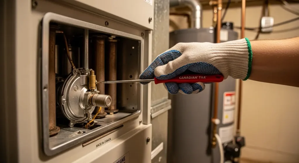 Technician resetting furnace flame sensor in a Mississauga home